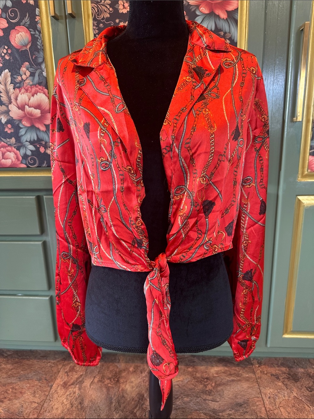 Red Chain-Print Tie-Front Blouse